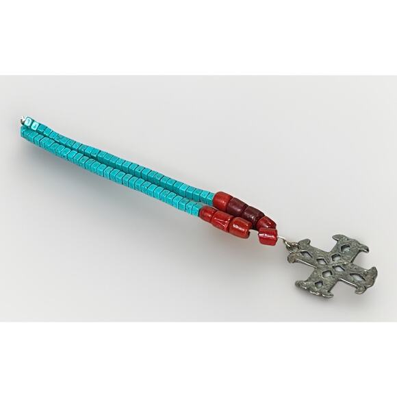 VTG Native American Turquoise & Red Coral Cross Necklace Sterling Silver Pendant - Picture 7 of 15